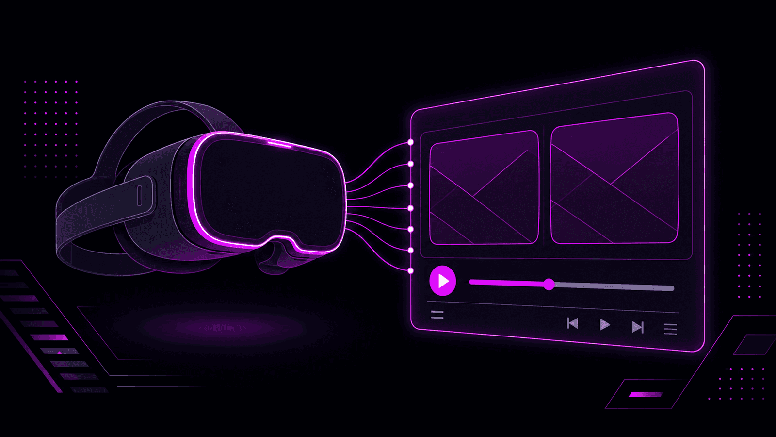 A Meta Quest headset showing the DeoVR player with a stereoscopic VR180 video: the source frame holds a left-eye and right-eye image side by side, which the player splits and maps across the forward hemisphere