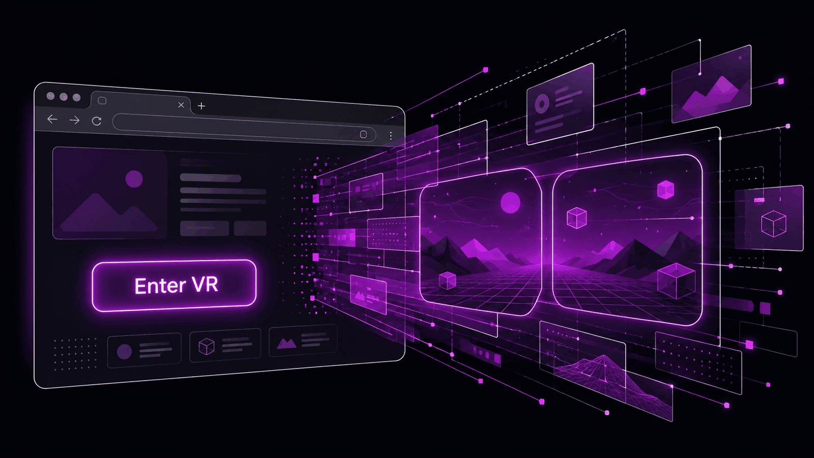 Diagram of WebXR in a headset browser: a web page requests an immersive session, the browser grants access to the headset display and head tracking, and renders a separate stereoscopic image for each eye